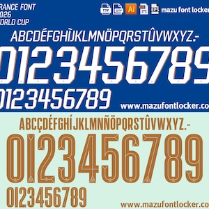 Puede incluir: Un gráfico digital que muestra un diseño de fuente para la Copa del Mundo de 2026. El diseño incluye letras mayúsculas, números y símbolos en blanco sobre un fondo azul, y un diseño de fuente marrón.