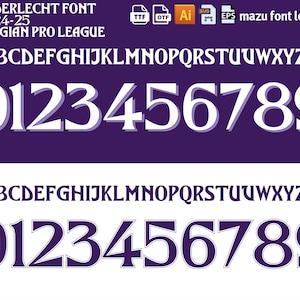 Puede incluir: Un fondo morado con una fuente blanca que muestra el alfabeto en mayúsculas y los números del 0 al 9. La fuente se llama "Anderlecht Font" y se describe como una fuente de la "2024-25 Belgian Pro League". Los formatos de archivo disponibles para descargar son TTF, OTF, SVG, Ai y EPS.