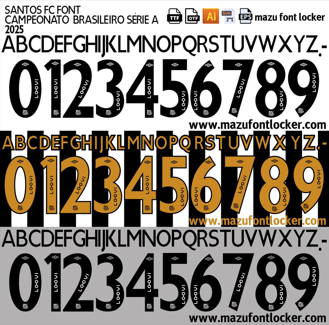 Santos FC 2025 Font Vector: Jersey Name & Numbers (digital