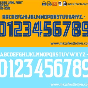 May include: A digital graphic showcasing a font design for the Tigres UANL team, Liga MX 2025-2026. The design features uppercase letters and numbers in blue and white, set against a yellow and light blue background. The website www.mazufontlocker.com is also displayed.