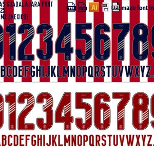 May include: A digital font design for the Guadalajara Chivas soccer team. The font is in red and white stripes with blue and white stripes. The font includes numbers 0-9 and letters A-Z. The text "CHIVAS GUADALAJARA FONT 2024-25 LIGA MX (MEXICO)" is at the top of the image.