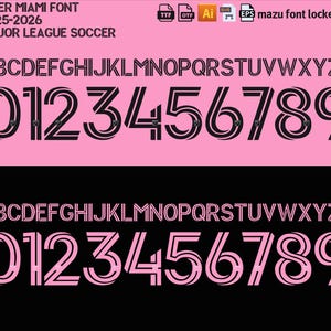 May include: A digital graphic showcasing the Inter Miami font for the 2025-2026 Major League Soccer season. The font features a black outline with a pink interior. The image includes the alphabet and numbers 0-9.