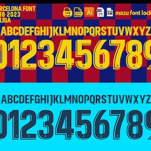 Fuente vectorial del Barcelona 2018-23, diseño inspirado en La Liga, descarga digital (AI, EPS, SVG, TTF, OTF) con nombre y número de camiseta.