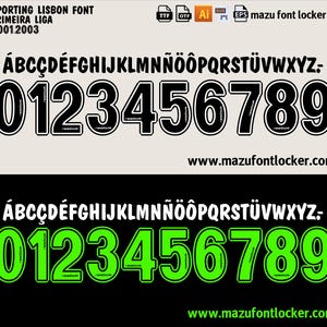 May include: A graphic featuring the Sporting Lisbon font from the Primeira Liga 2001-2003 season. The design includes the alphabet and numbers 0-9 in both black and white, and green. The website address www.mazufontlocker.com is also displayed.