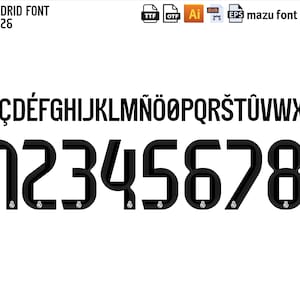 Könnte beinhalten: Schwarzer Schriftsatz für Real Madrid, einschließlich Buchstaben und Zahlen, mit dem Text "REAL MADRID FONT 2025-2026 LA LIGA" oben. Die Zahlen 0-9 werden darunter angezeigt.
