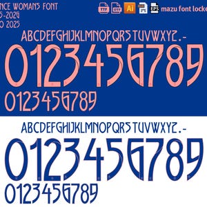 May include: A digital graphic showcasing a font design labeled "FRANCE WOMANS FONT" with the years "2025-2026" and "EURO 2025." The font features stylized numbers and letters in two color schemes: coral on a blue background and navy blue on a white background.