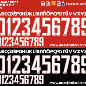 Puede incluir: Un gráfico digital que presenta una fuente de fútbol para la Copa Mundial de Canadá 2026. El diseño incluye el alfabeto y los números 0-9 en una fuente blanca en negrita con un contorno rojo, sobre fondos rojos y negros. También se muestra el sitio web www.mazufontlocker.com.