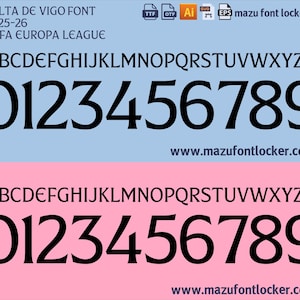May include: A digital font design for Celta de Vigo, featuring uppercase letters, numbers, and symbols. The font is displayed in black against a light blue and pink background. Includes the text "UEFA EUROPA LEAGUE" and the website address.