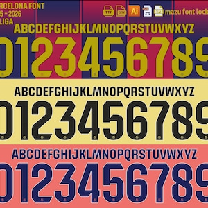 Könnte beinhalten: Eine digitale Grafik, die die Barcelona-Schriftart für die La Liga-Saison 2025-2026 zeigt. Das Design zeigt drei Farbschemata: Gold auf einem bordeauxroten und blauen Hintergrund, Schwarz auf einem gelben Hintergrund und Marineblau auf einem korallenfarbenen Hintergrund. Die Schriftart enthält das Alphabet und die Zahlen 0-9.