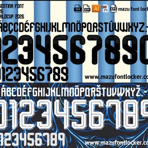 May include: A digital font design labeled "ARGENTINA FONT 2026 WORLDCUP 2026" with black and white characters and numbers. The design includes the alphabet and numbers 0-9 in two styles, with the website www.mazufontlocker.com.