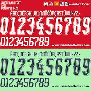 May include: A digital font set titled Switzerland Font 2026 World Cup 2026, featuring uppercase letters, numbers 0-9, and symbols. The display shows white characters on a red background and dark characters on a light green background with file icons.