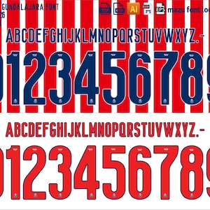 Puede incluir: Un gráfico digital con dos conjuntos de fuentes para el equipo Chivas Guadalajara. El conjunto superior es azul marino con detalles en blanco, y el conjunto inferior es rojo. Ambos conjuntos incluyen el alfabeto y los números 0-9.