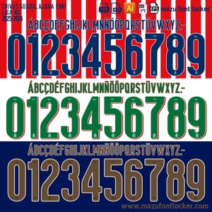 May include: A digital graphic showcasing three sets of numbers and letters in different colors and styles. The top set is blue on a red and white striped background. The middle set is green on a white background. The bottom set is brown on a blue background.