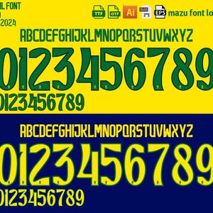 Peut inclure: Police de caractères verte et jaune avec les lettres A à Z et les chiffres de 0 à 9. La police est en gras et arrondie. Le texte "BRAZIL FONT 2024 COPA 2024" est en haut de l'image. Le texte "mazu font locker" est en haut à droite de l'image.