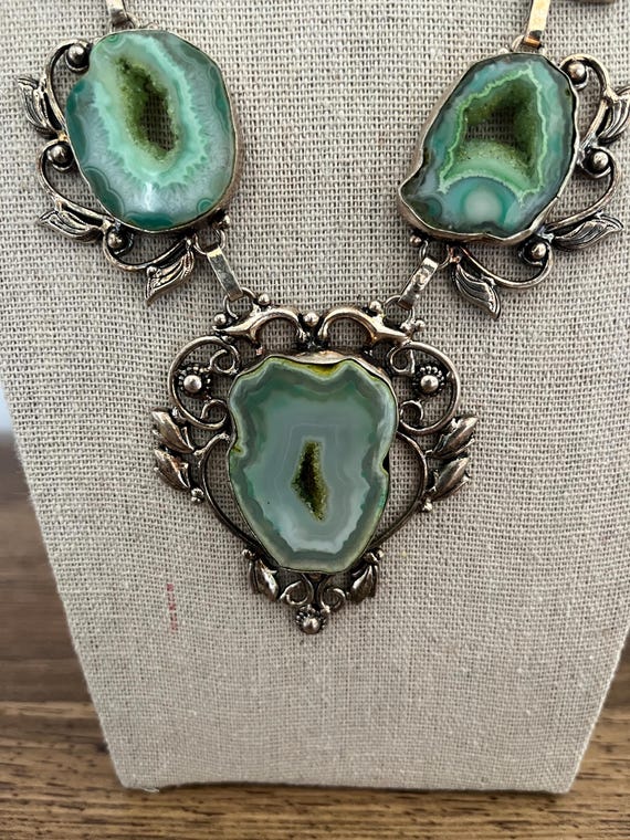 Vintage Antique Silver Druzy Statement Necklace – Five Natural Druzy Stones View 6