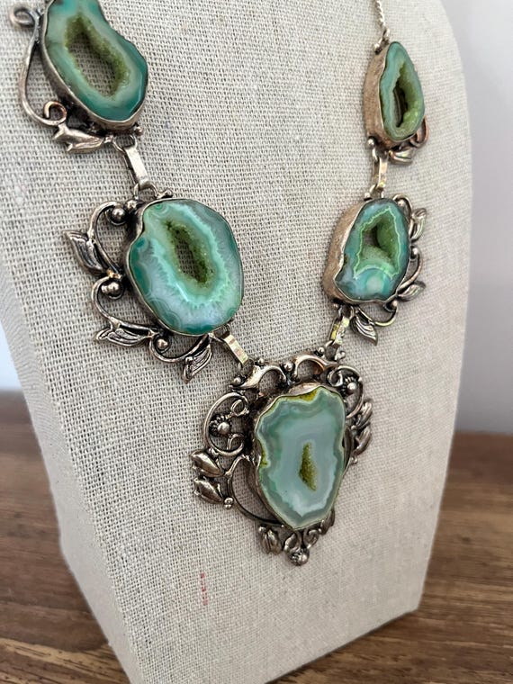 Vintage Antique Silver Druzy Statement Necklace – Five Natural Druzy Stones View 3
