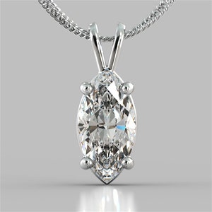 May include: A silver chain necklace with a marquise-shaped diamond pendant.