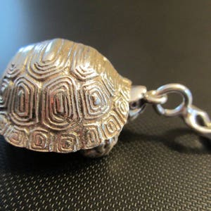 May include: Silver turtle charm with a detailed shell design and a chain attached.