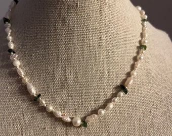 Choker, Natural Semi Precious Green Crystals and Freshwater Pearl Necklace | Genuine Pearl Necklace | Handmade Beaded Necklace