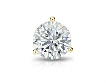 Single Diamond Stud Earring Solitaire Round Cut in 14K White or Yellow Gold 3 Prong Martini Setting