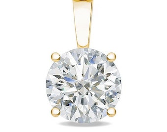 Round Solitaire Pendant Brilliant Cut 4 Prong Basket Setting Cubic Zirconia CZ Bridal Necklace in 14k White or Yellow Gold