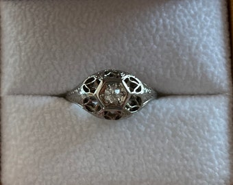 BELAIS Vintage Antique European Diamond Filigree Engagement Ring 18K White Gold