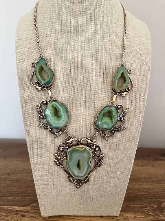 Vintage Antique Silver Druzy Statement Necklace – Five Natural Druzy Stones