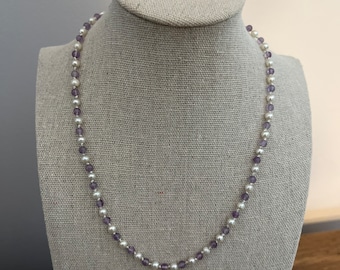 White Freshwater Pearl and Amethyst Necklace | Genuine Pearl Necklace | Handmade Knotted Beaded Necklace