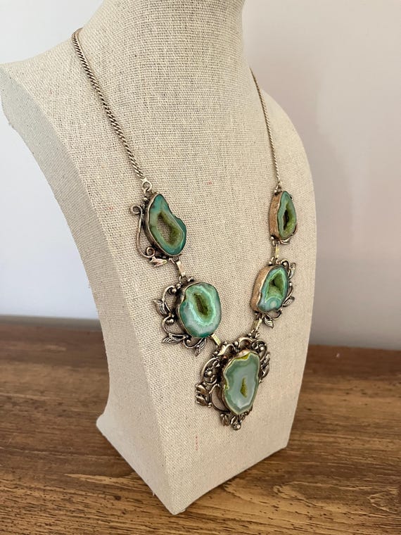 Vintage Antique Silver Druzy Statement Necklace – Five Natural Druzy Stones View 2