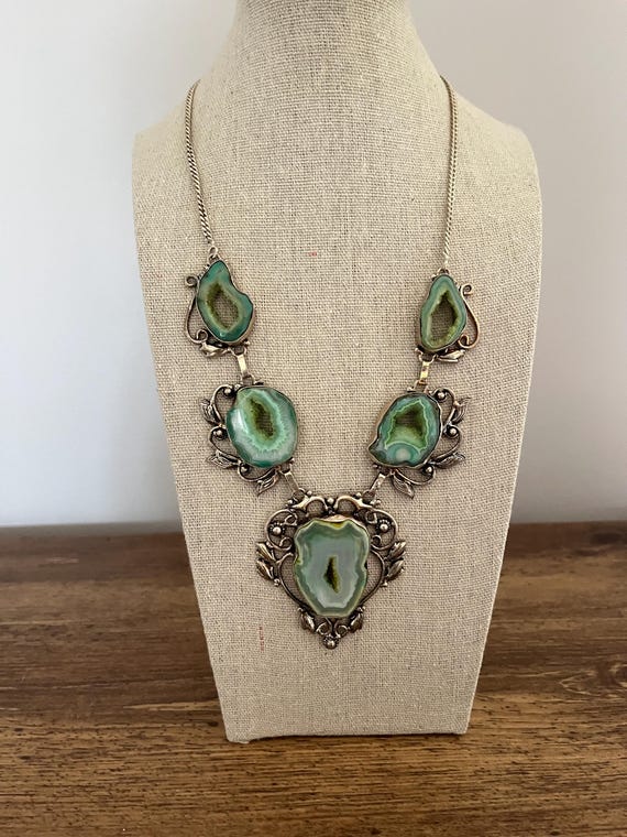 Vintage Antique Silver Druzy Statement Necklace – Five Natural Druzy Stones View 5