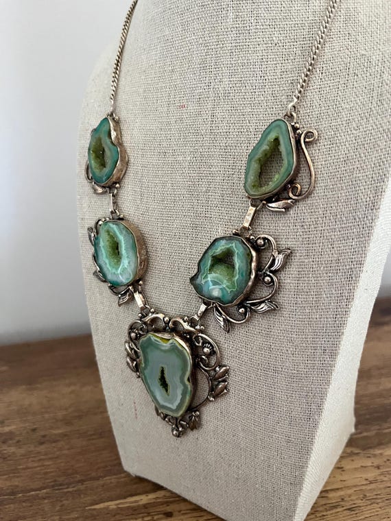 Vintage Antique Silver Druzy Statement Necklace – Five Natural Druzy Stones View 4