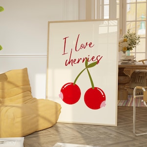 Rotes Kirschposter, Kirsch-Kunstdruck, Wandkunstposter, Preppy-Druck, Mädchenposter, Sexy Obstposter, Fruchtiges Dekor