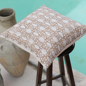 Handgemaakt kussenhoes groen en beige bloemen handblok bedrukt, linnen decoratief kussen Indiase stijl, boerderijkussen 20 x 20 inch