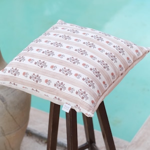Handmade Beige Mini Floral Stripe Handblock Printed Pillow Cover, Indian Style Linen Decorative Cushion, Farmhouse Pillow 20x20 inch