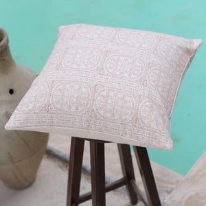 Handmade Beige Floral & Stripe Handblock Printed Pillow Cover, Indian Style Linen Decorative Cushion, Farmhouse Pillow 20x20 inch
