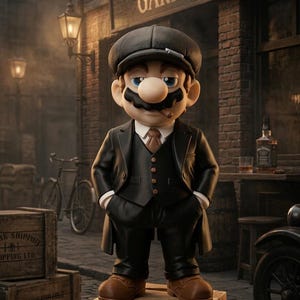 Könnte beinhalten: Eine Figur von Mario, gekleidet in einem schwarzen Anzug, Hut und braunen Schuhen, steht auf einer Holzkiste vor einem Pub. Das Pub-Schild lautet "Garrison Pub". Die Figur hat einen Schnurrbart und hält eine Zigarre. Die Szene spielt in einer Vintage-Straße.