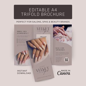 Könnte beinhalten: Dreifach gefaltete Broschüre mit dem Text "EDITABLE A4 TRIFOLD BROCHURE" und "PERFECT FOR SALONS, SPAS & BEAUTY BRANDS". Die Broschüre zeigt Bilder von manikürten Nägeln und den Text "VELVET Tips". Sofortiger Download.