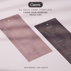 Op de afbeelding: Twee DL-kaartsjablonen voor laserontharing, met een prijslijst. De kaarten zijn in tinten bruin en grijs, met het woord "Canva" bovenaan. De tekst bevat "Laser Hair Removal Price List" en "Hair Removal / Spa / Beauty".