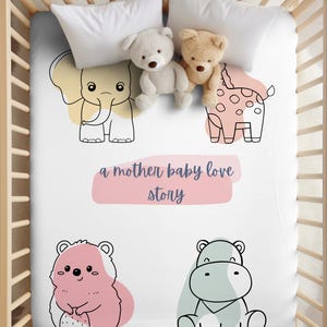 Prześcieradło Baby Animal, historia miłosna matki i dziecka, słoń żyrafa hipopotam, zwierzęta z kreskówek, historia miłosna matki i dziecka, pościel dla dzieci, kolory pastelowe