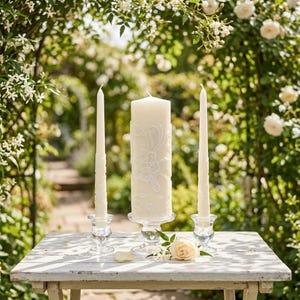 May include: Three ivory candles on a white wooden table. A large pillar candle with a floral lace design is flanked by two slender taper candles in crystal holders. A rose and greenery are on the table. The background is a garden archway.
