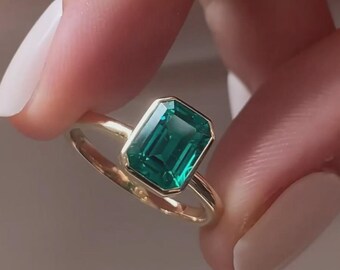 Emerald Cut Sterling Silver Ring 14K Gold Plated, May Birthstone
