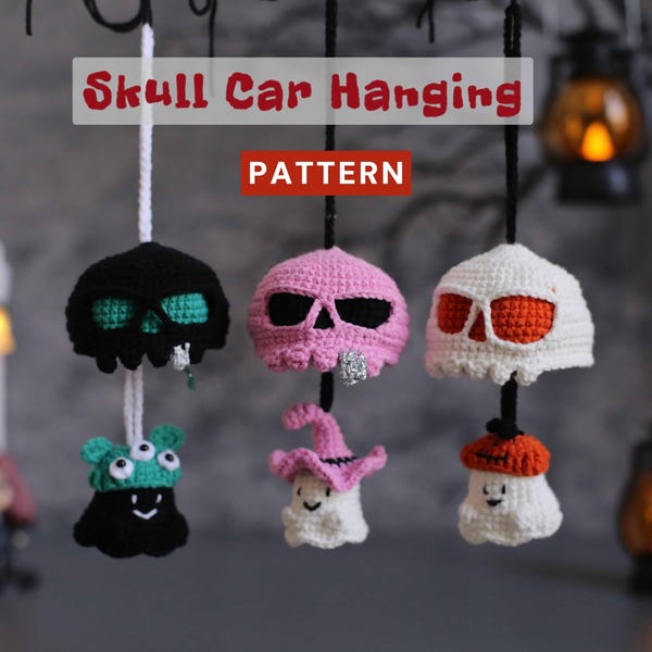 Patrón de adorno de calavera de crochet para coche: decoración espeluznante y adorable para Halloween, regalo de Halloween, llavero o bolso, proyecto de 2 a 3 horas