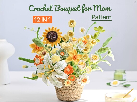 Crochet Bouquet Pattern: 12-in-1 Flowers, Lily, Rose, Sunflower (PDF Pattern)