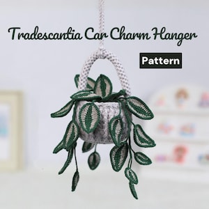 Pode incluir: Um pendurador de carro Tradescantia de crochê com um padrão de planta. A planta tem folhas verdes e brancas, e o vaso é cinza. O pendurador é suspenso por um cordão branco. A palavra "Pattern" está em uma caixa preta.