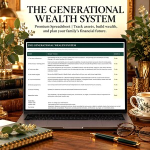 Op de afbeelding: Een laptopscherm met het spreadsheet The Generational Wealth System. Het document bevat stappen voor het bijhouden van activa, passiva, kasstromen en vermogensdoelen, inclusief een legenda voor de cellen op een witte achtergrond.
