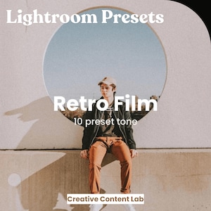 May include: A man wearing a black jacket and brown pants sits on a concrete ledge in front of a circular window. The text "Retro Film" and "10 preset tone" are displayed below the window. The text "Creative Content Lab" is displayed at the bottom of the image.