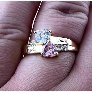 Ring for girlfriend, ring for mother, ring for wife, 2 heart shaped birthstone ring, personalized name ring, gift for mom, gift for wife