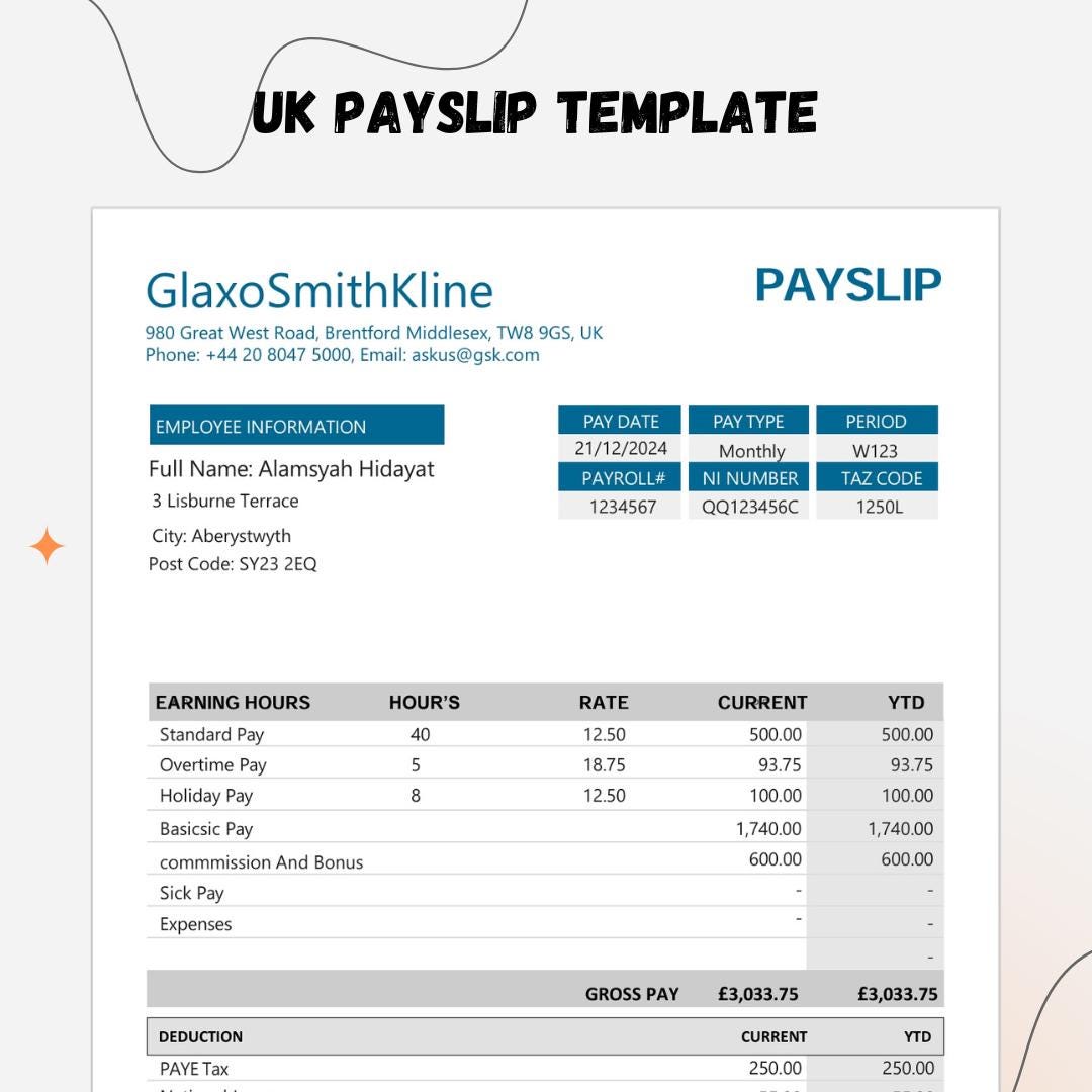UK Employee Payslip 2025 Editable PDF Instant Download British 