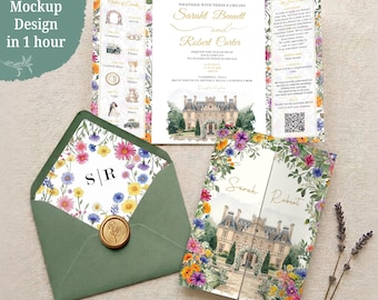 Sage Green Wildflower Wedding Invitation, Watercolor Venue Illustration Gatefold, Custom Botanical Floral Printed Invite Suite with Envelope