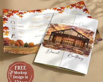 Fall Wedding Watercolor Venue Invitation, Custom Venue Illustration Gatefold Suite, Burgundy Botanical Printed Invite with Wax Seal